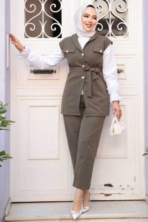 Yelekli Haki Tesettür Üçlü Takım 6169HK - 5