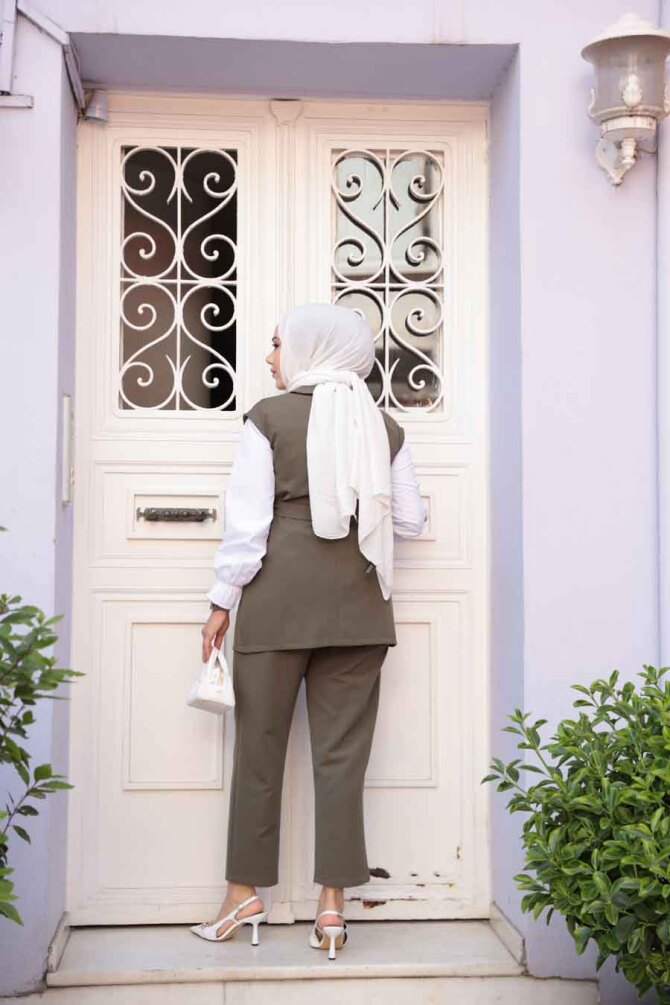 Yelekli Haki Tesettür Üçlü Takım 6169HK - 7