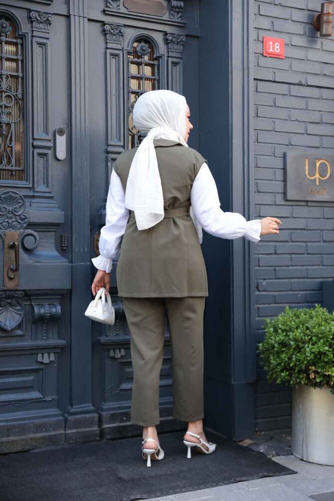 Yelekli Haki Tesettür Üçlü Takım 6169HK - 3