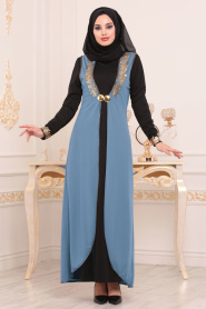 Yelekli Mavi Tesettür Elbise 100303M - Thumbnail