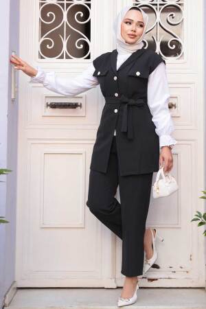 Yelekli Siyah Tesettür Üçlü Takım 6169S 