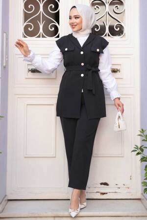 Yelekli Siyah Tesettür Üçlü Takım 6169S - 2