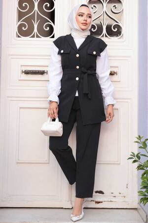 Yelekli Siyah Tesettür Üçlü Takım 6169S - 3