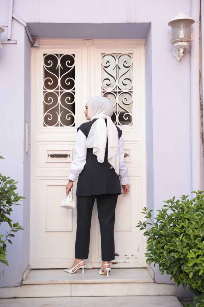 Yelekli Siyah Tesettür Üçlü Takım 6169S - 4