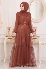 Yellowish Brown Hijab Evening Dress 40431TB - Thumbnail