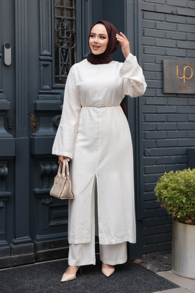 Yırtmaç Detaylı Beyaz Tesettür İkili Takım 7669B - N.S NEVA STYLE