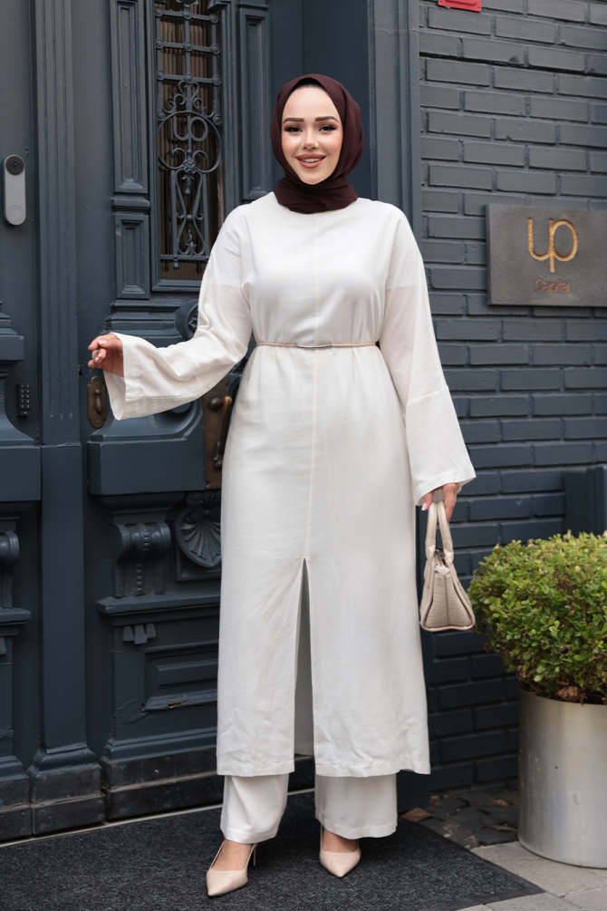 Yırtmaç Detaylı Beyaz Tesettür İkili Takım 7669B - 2
