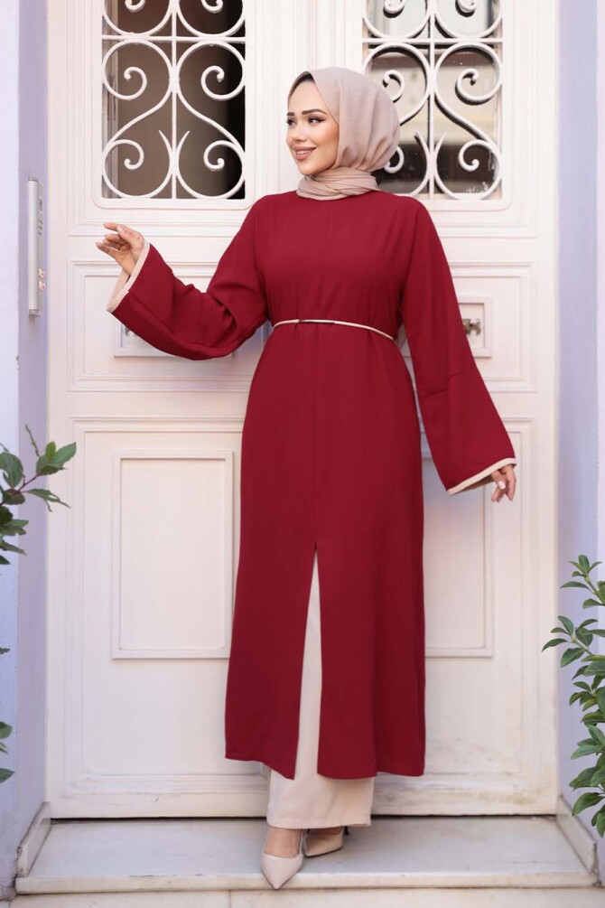 Yırtmaç Detaylı Bordo Tesettür İkili Takım 76112BR - 1