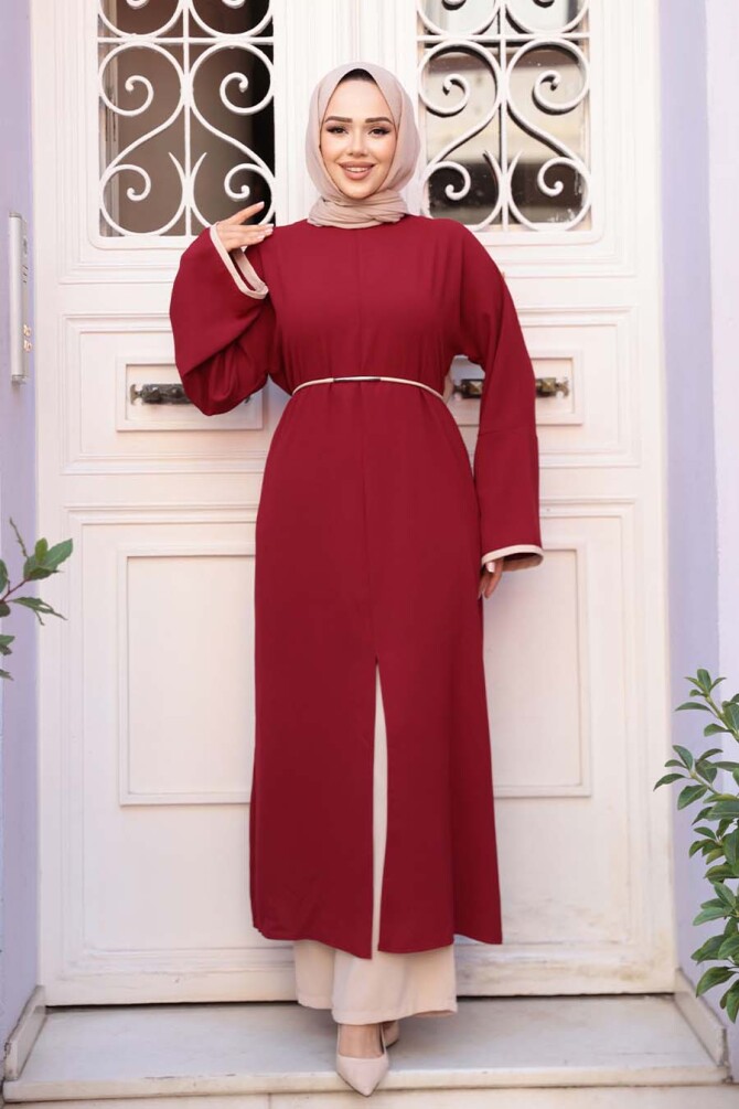 Yırtmaç Detaylı Bordo Tesettür İkili Takım 76112BR - 3