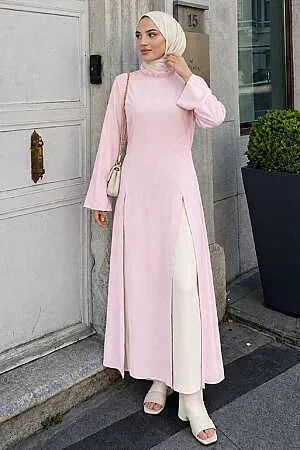 Yırtmaç Detaylı Düz Pembe Tesettür Tunik 52370P 