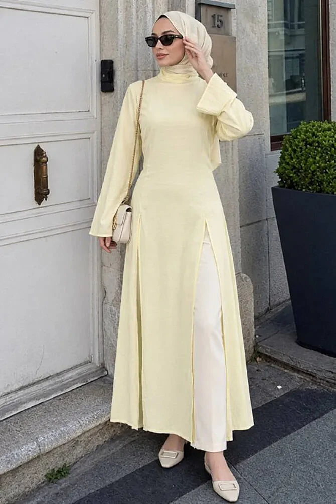 Yırtmaç Detaylı Düz Sarı Tesettür Tunik 52370SR - 1