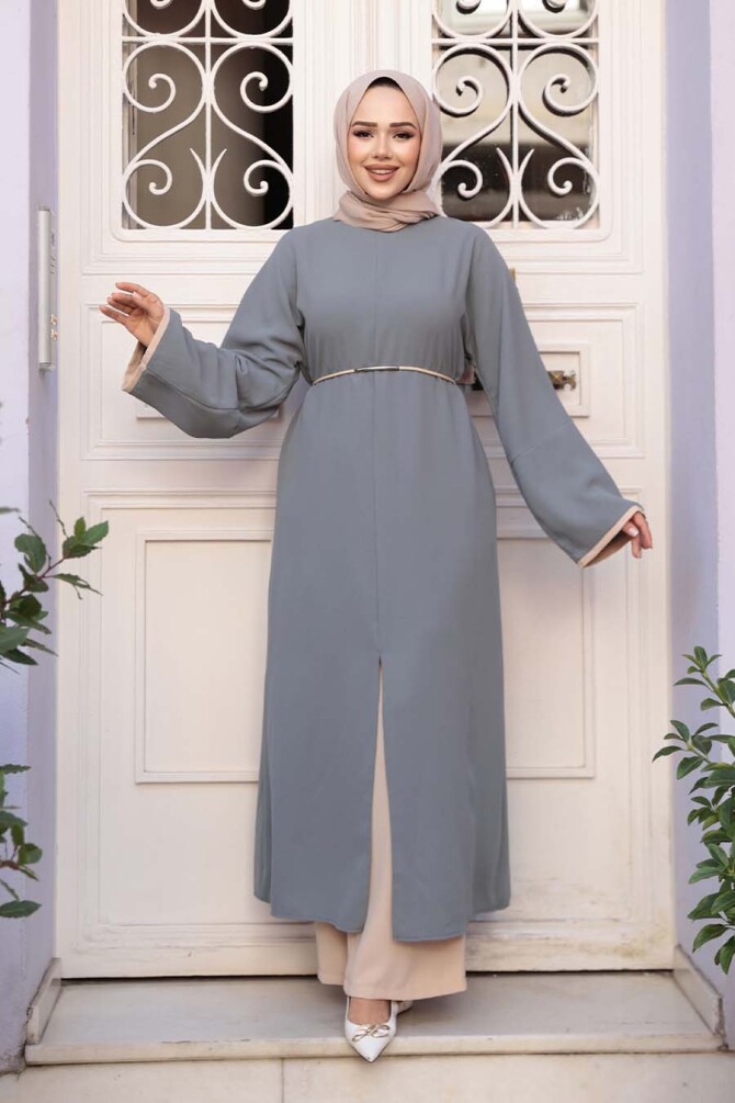 Yırtmaç Detaylı Gri Tesettür İkili Takım 76112GR - N.S NEVA STYLE