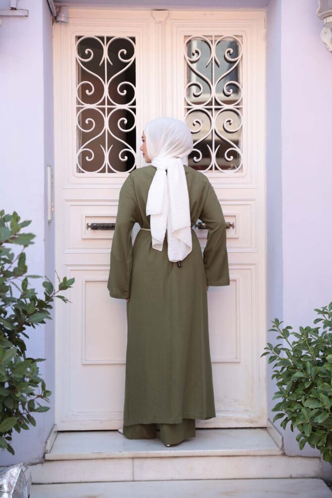 Yırtmaç Detaylı Haki Tesettür İkili Takım 7669HK - 4