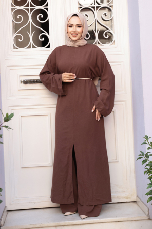 Yırtmaç Detaylı Kahverengi Tesettür İkili Takım 7669KH - 2