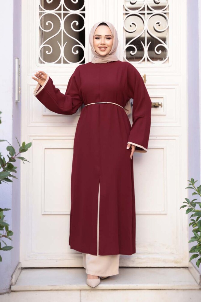 Yırtmaç Detaylı Koyu Bordo Tesettür İkili Takım 76112KBR - 3