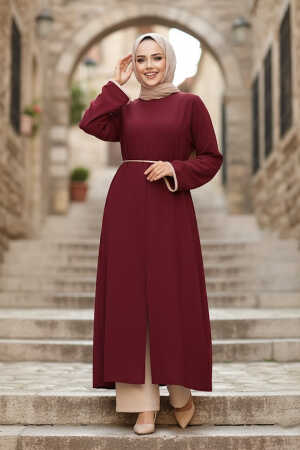 Yırtmaç Detaylı Koyu Bordo Tesettür İkili Takım 76112KBR 