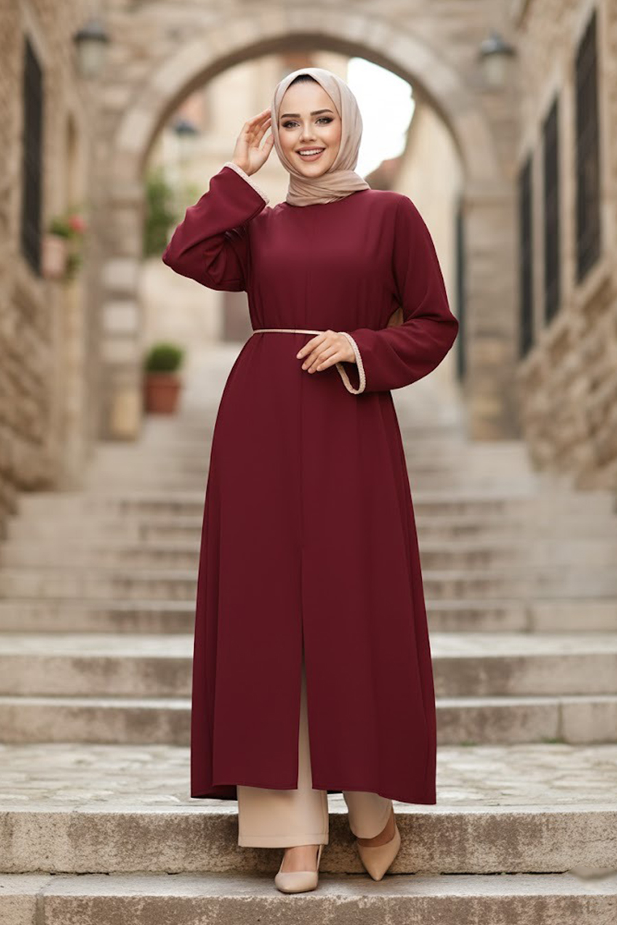 Yırtmaç Detaylı Koyu Bordo Tesettür İkili Takım 76112KBR