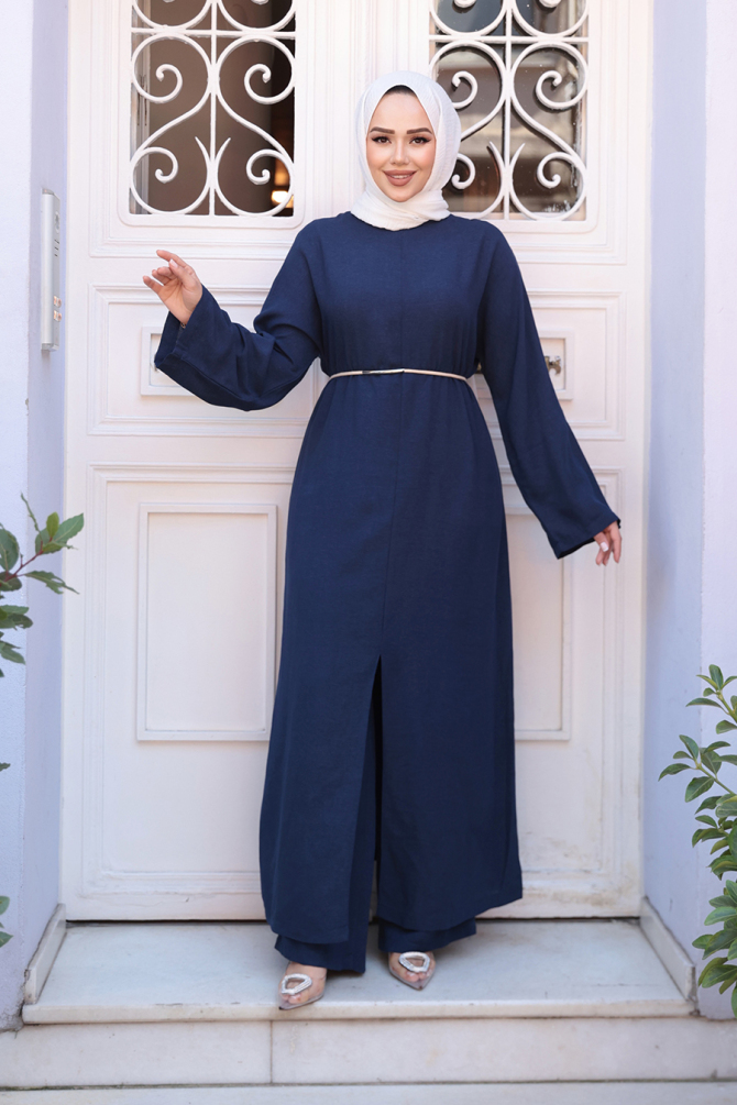 Yırtmaç Detaylı Lacivert Tesettür İkili Takım 7669L - N.S NEVA STYLE