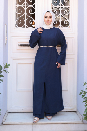 Yırtmaç Detaylı Lacivert Tesettür İkili Takım 7669L - 2