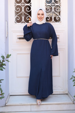 Yırtmaç Detaylı Lacivert Tesettür İkili Takım 7669L - 3