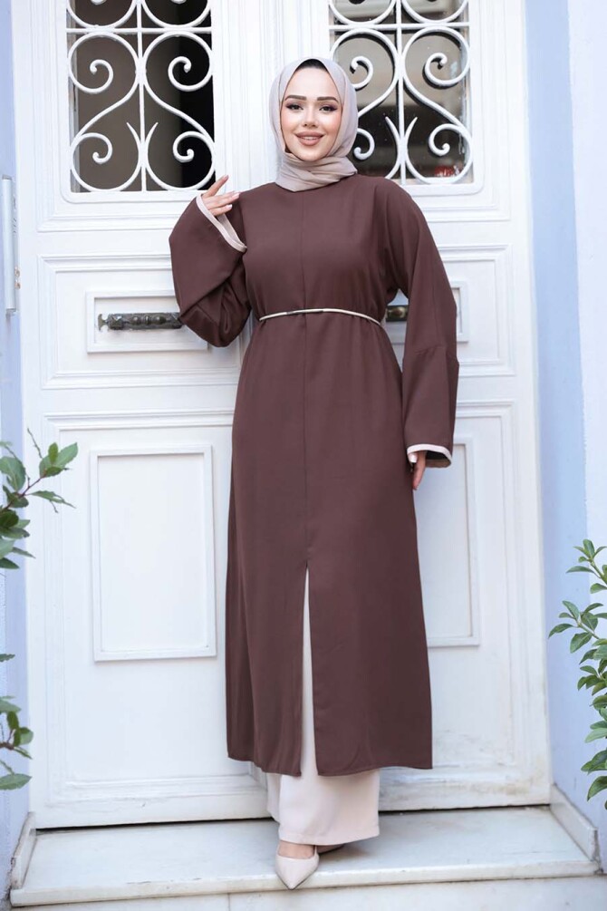 Yırtmaç Detaylı Kahverengi Tesettür İkili Takım 76112KH - N.S NEVA STYLE