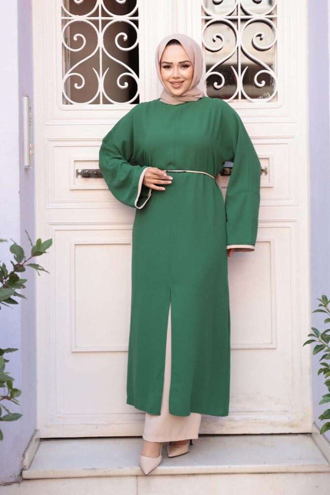 Yırtmaç Detaylı Yeşil Tesettür İkili Takım 76112Y - N.S NEVA STYLE