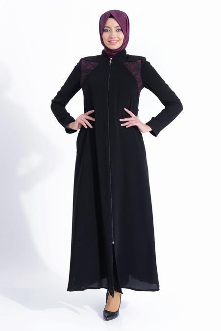 Yüsri - Dantel Detaylı Bordo Ferace - 1