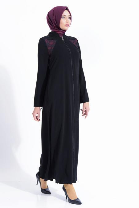 Yüsri - Dantel Detaylı Bordo Ferace - 2