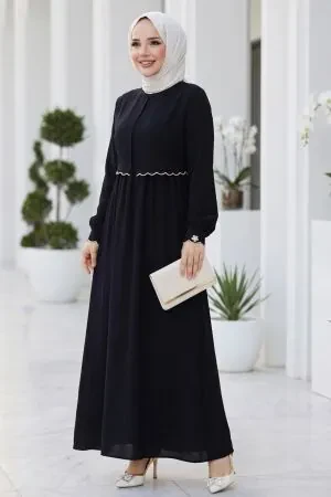 Zarif Stitch Detailed Black Modest Dress 70141S 