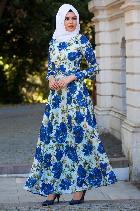 Zernişan - Çiçek Desenli Sax Mavisi Elbise