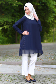 Zernisan - Navy Blue Hijab Tunic 4843L - Thumbnail