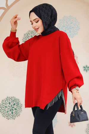 Zincir Detaylı Kırmızı Tesettür Triko Kazak Tunik 17202K - NEVA STYLE