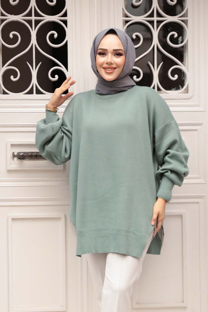 Zincir Detaylı Mint Tesettür Triko Kazak Tunik 17202MINT - 1