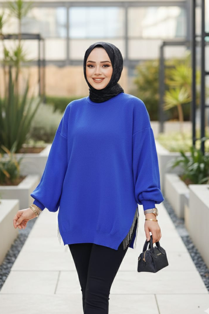 Zincir Detaylı Sax Mavisi Tesettür Triko Kazak Tunik 17202SX - NEVA STYLE