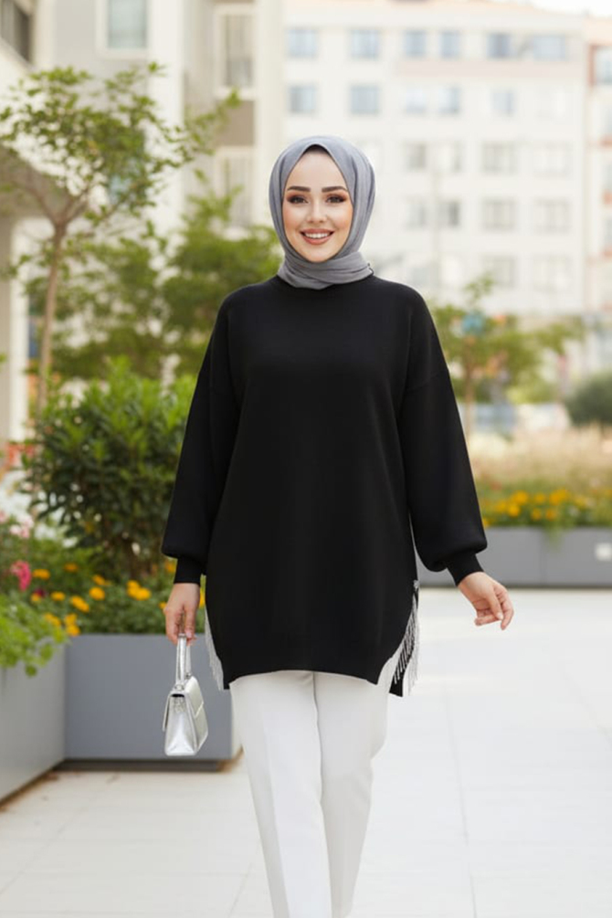 Zincir Detaylı Siyah Tesettür Triko Kazak Tunik 17202S - NEVA STYLE