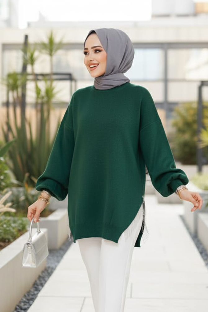 Zincir Detaylı Zümrüt Yeşili Tesettür Triko Kazak Tunik 17202ZY - NEVA STYLE