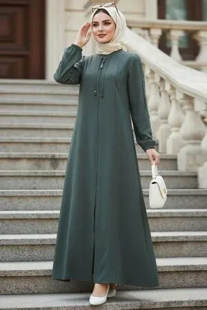 Zip-Front Almond Green Modest Abaya 45320CY 