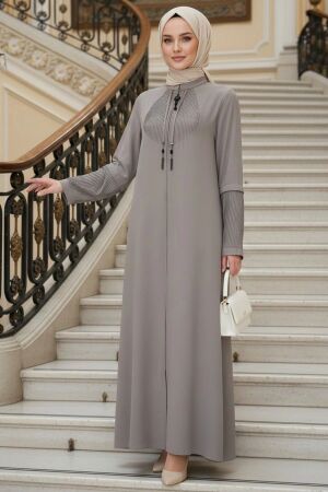 Zip-Front Beige Modest Abaya 45298BEJ 