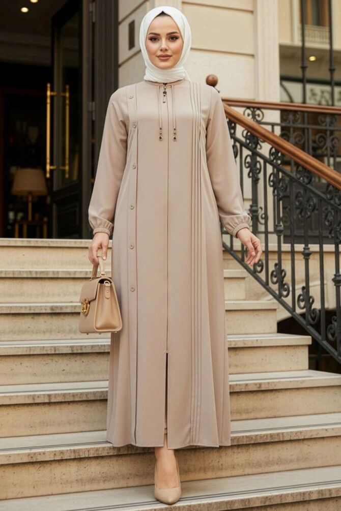 Zip-Front Beige Modest Abaya 45309BEJ - 1