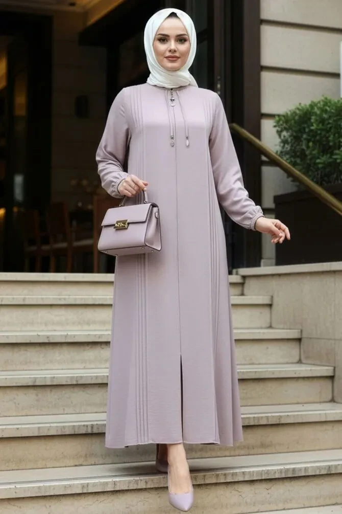 Zip-Front Beige Modest Abaya 45314BEJ - 1
