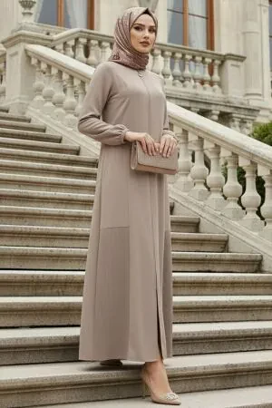Zip-Front Beige Modest Abaya 45315BEJ 