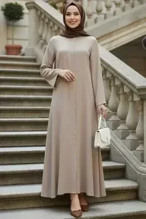 Zip-Front Beige Modest Abaya 85107BEJ 