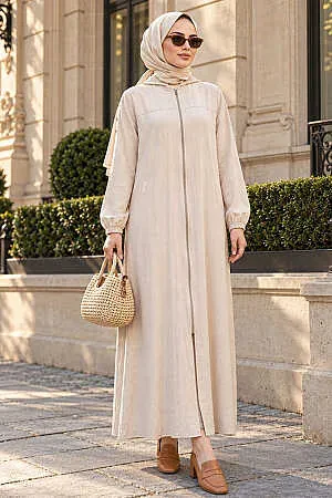 Zip-Front Beige Modest Coat 53931BEJ 