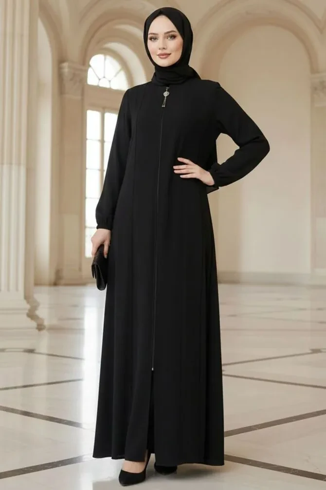 Zip-Front Black Modest Abaya 45307S - 1