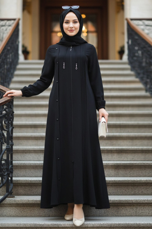 Zip-Front Black Modest Abaya 45309S - 1