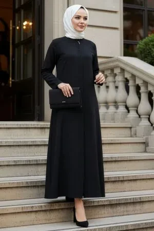 Zip-Front Black Modest Abaya 45312S 
