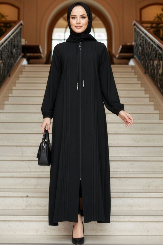 Zip-Front Black Modest Abaya 45314S - 1