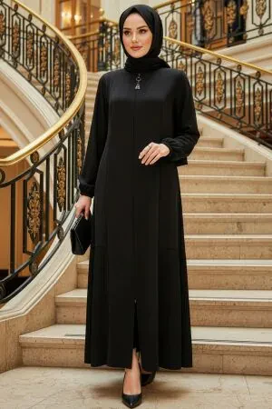 Zip-Front Black Modest Abaya 45315S 