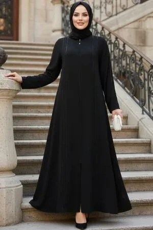 Zip-Front Black Modest Abaya 85105S - 1