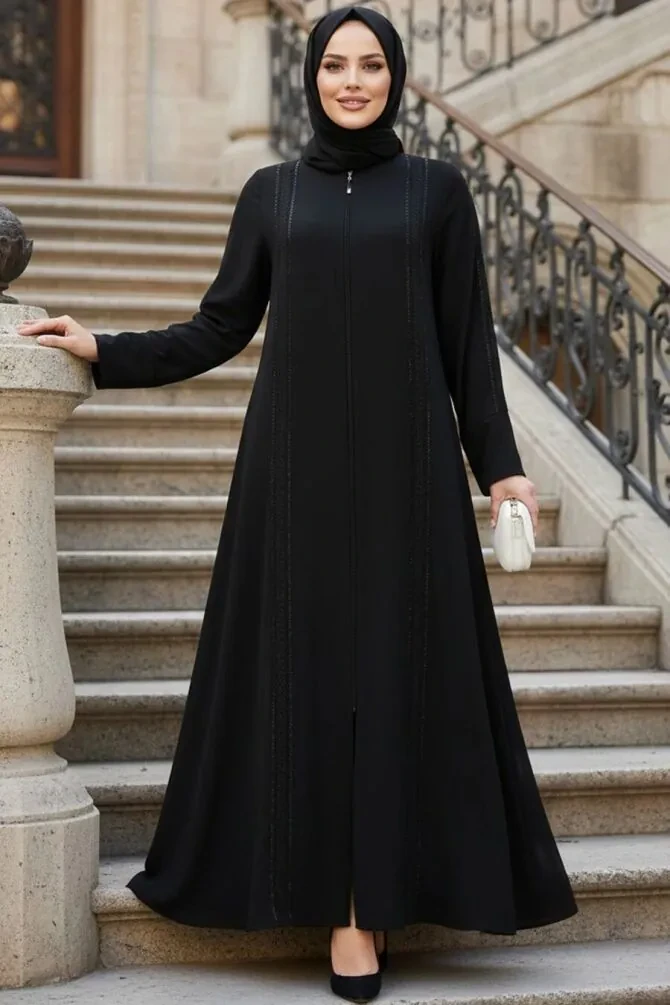 Zip-Front Black Modest Abaya 85105S - 1